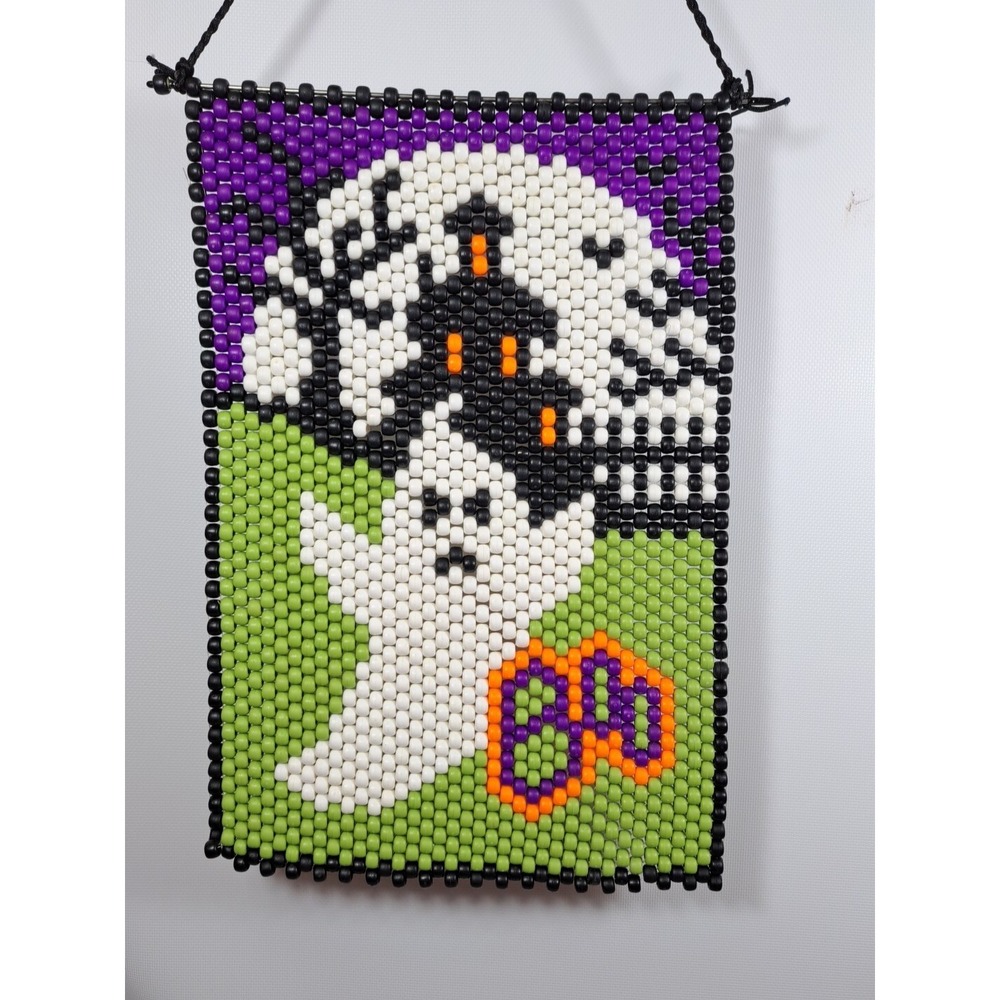 VTG Heavy Beaded Halloween Ghost Kitchen Wall Hanging 14 X 10 Handmade Crafts